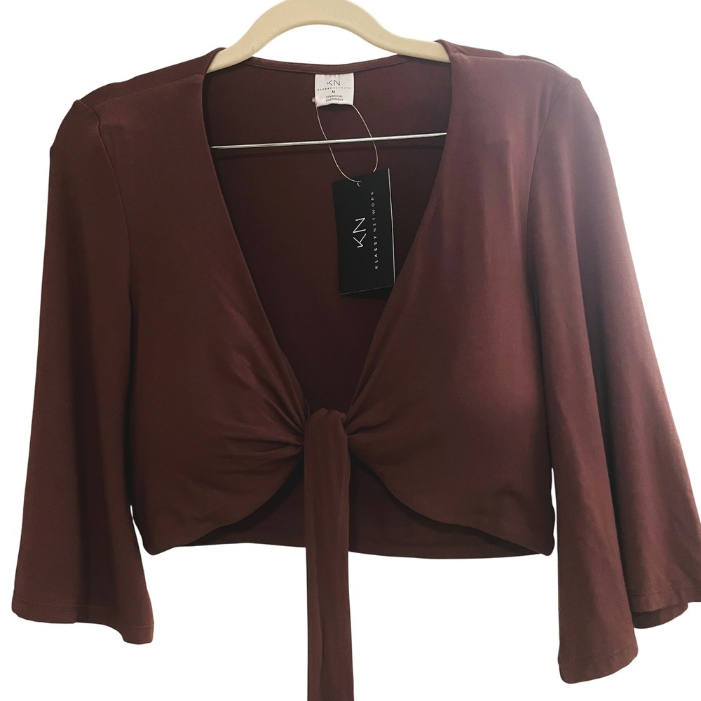 Womens Whimsigoth Fairy Grunge Front Tie Cropped Bell Sleeve Top M Brown Concert